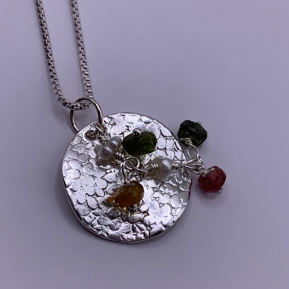 Cascading Tourmaline and Pearl Silver Pendant Necklace NWT